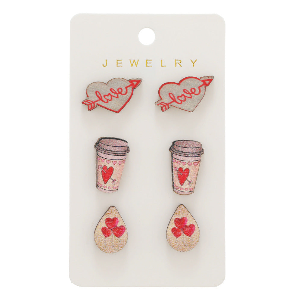 Wholesale Valentine's Day One Arrow Heart Piercing Printed Wooden Earrings